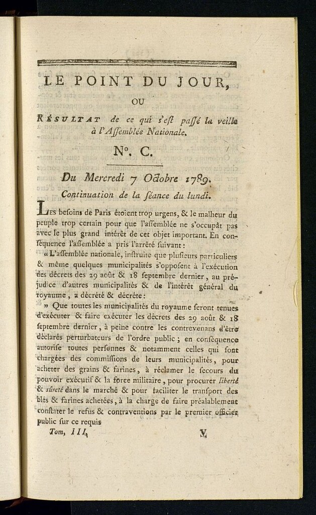 Miniatura de Le Point du Jour : ou Résultat de ce qui s´est passé la veille à l´Assemble Nationale du mercredi 7 octobre 1789. Nº 100