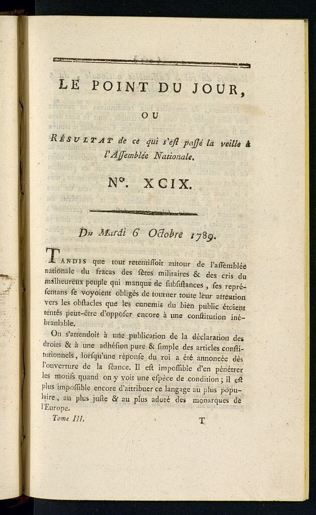 Miniatura de Le Point du Jour : ou Résultat de ce qui s´est passé la veille à l´Assemble Nationale du mardi 6 octobre 1789. Nº 99