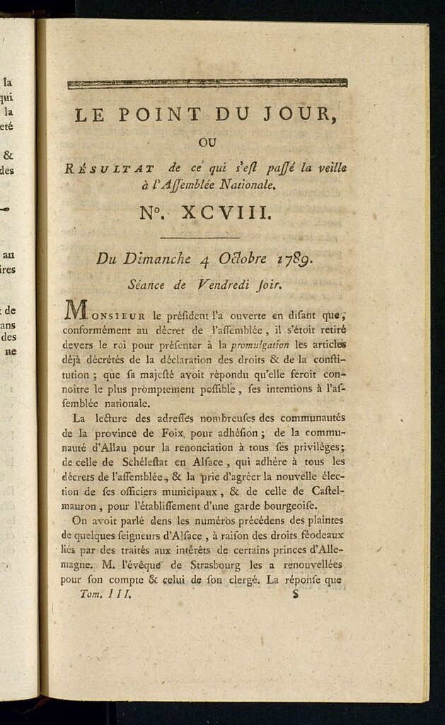 Miniatura de Le Point du Jour : ou Résultat de ce qui s´est passé la veille à l´Assemble Nationale du dimanche 4 octobre 1789. Nº 98