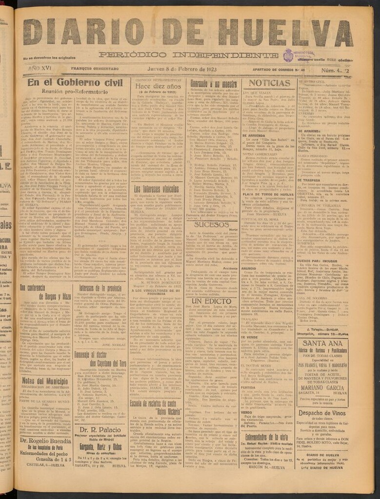 Miniatura de Diario de Huelva : periódico independiente del 8 de febrero de 1923