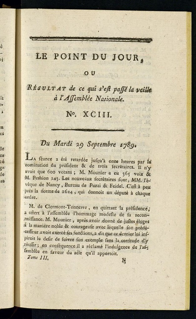 Miniatura de Le Point du Jour : ou Résultat de ce qui s´est passé la veille à l´Assemble Nationale du mardi 29 septembre 1789. Nº 93