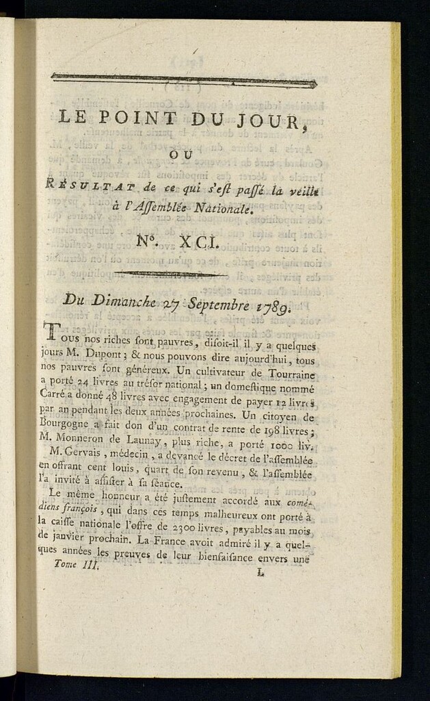 Miniatura de Le Point du Jour : ou Résultat de ce qui s´est passé la veille à l´Assemble Nationale du dimanche 27 septembre 1789. Nº 91