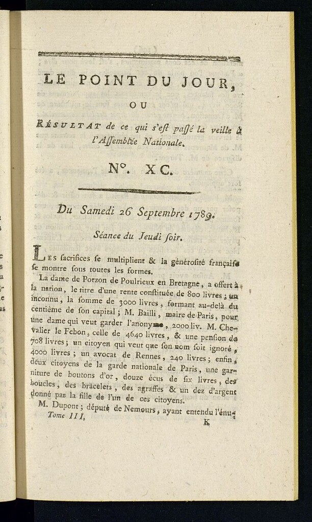 Miniatura de Le Point du Jour : ou Résultat de ce qui s´est passé la veille à l´Assemble Nationale du samedi 26 septembre de 1789. Nº 90