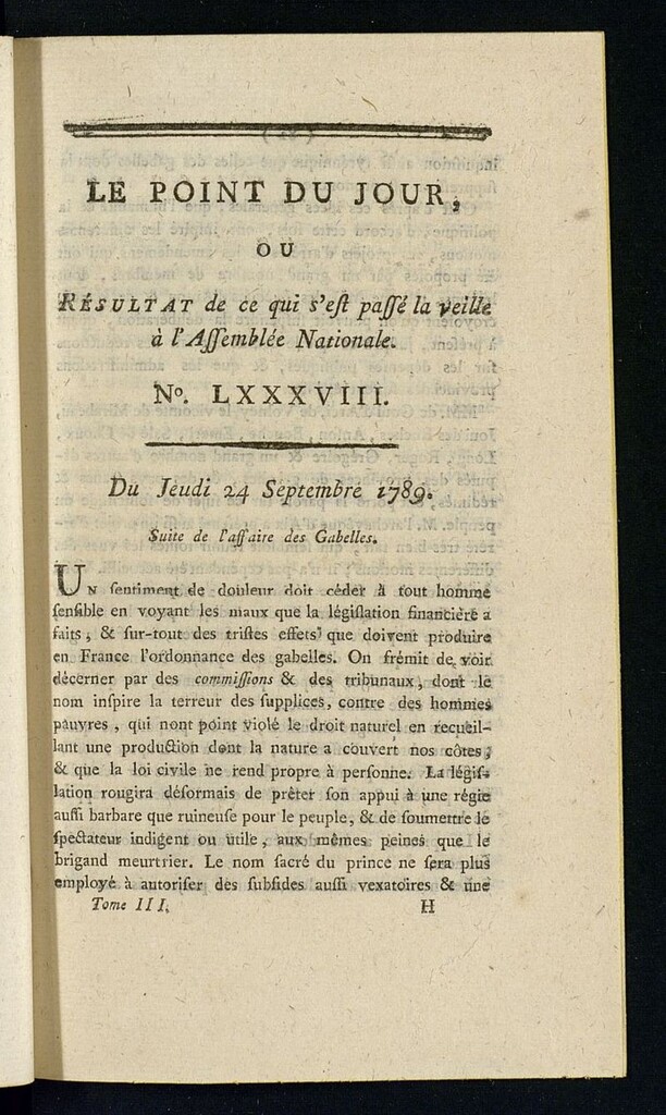 Miniatura de Le Point du Jour : ou Résultat de ce qui s´est passé la veille à l´Assemble Nationale du jeudi 24 septembre 1789. Nº 88