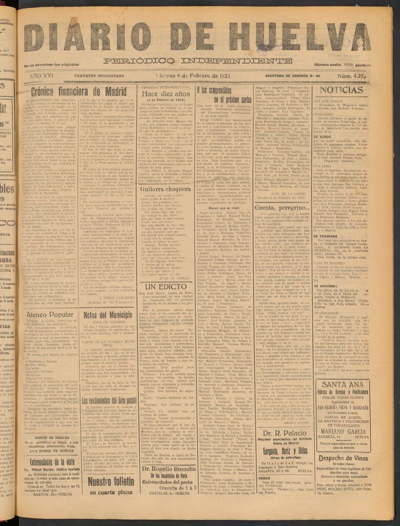Miniatura de Diario de Huelva : periódico independiente del 9 de febrero de 1923