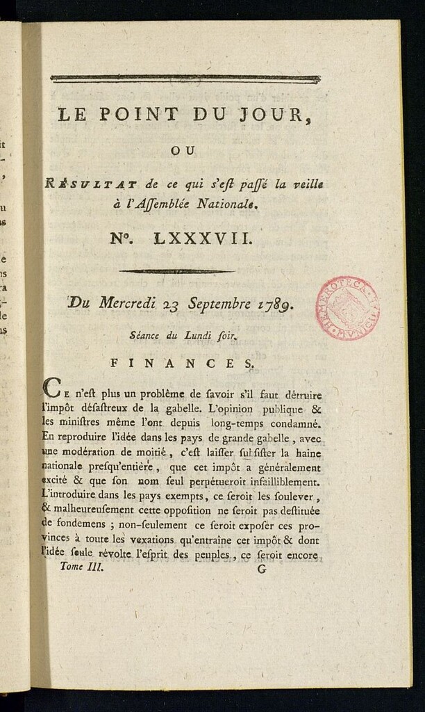 Miniatura de Le Point du Jour : ou Résultat de ce qui s´est passé la veille à l´Assemble Nationale du mercredi 23 septembre 1789. Nº 87