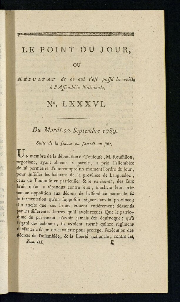 Miniatura de Le Point du Jour : ou Résultat de ce qui s´est passé la veille à l´Assemble Nationale du mardi 22 septembre 1789. Nº 86