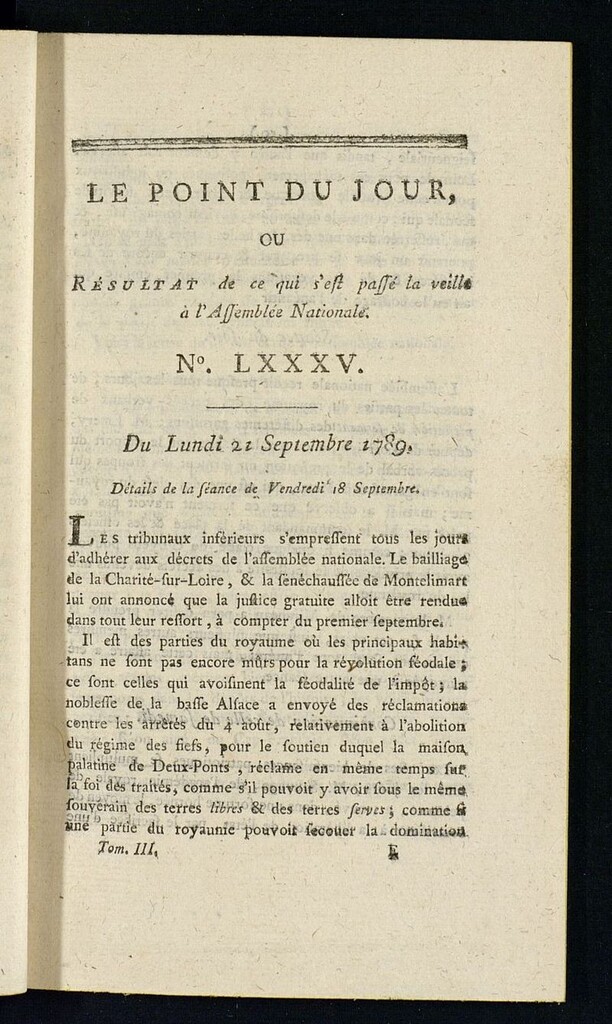 Miniatura de Le Point du Jour : ou Résultat de ce qui s´est passé la veille à l´Assemble Nationale du lundi 21 septembre de 1789. Nº 85