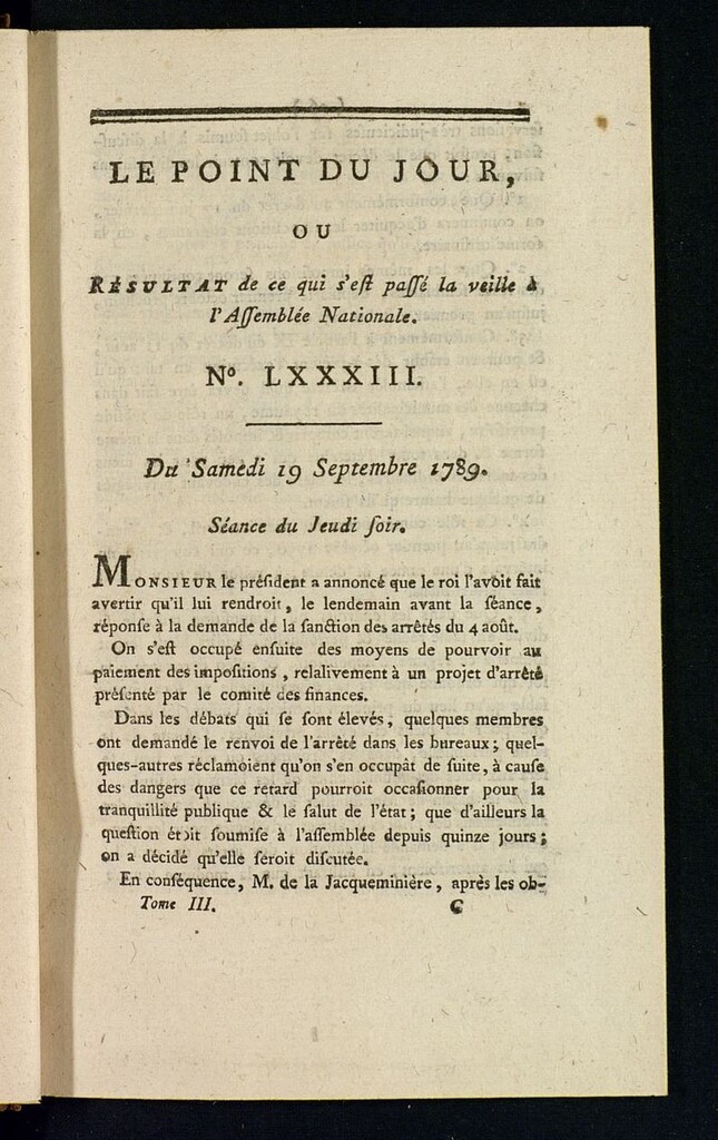 Miniatura de Le Point du Jour : ou Résultat de ce qui s´est passé la veille à l´Assemble Nationale du samedi 19 septembre 1789. Nº 83