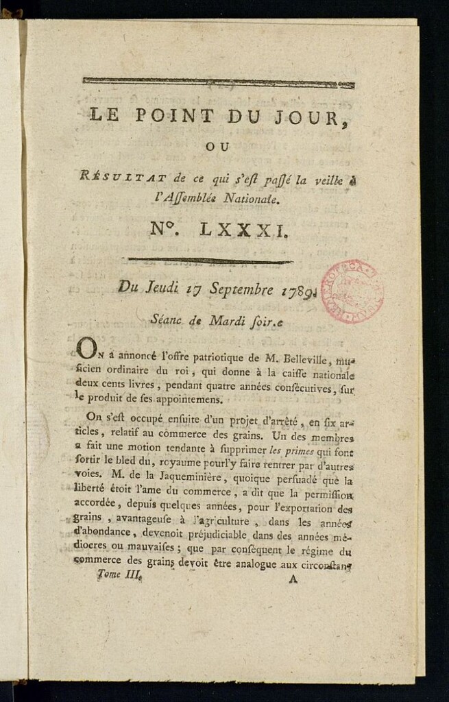 Miniatura de Le Point du Jour : ou Résultat de ce qui s´est passé la veille à l´Assemble Nationale du jeudi 17 septembre 1789. Nº 81