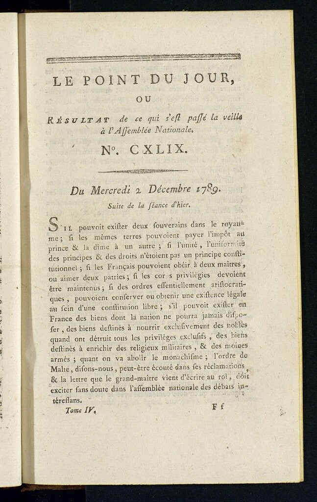 Miniatura de Le Point du Jour : ou Résultat de ce qui s´est passé la veille à l´Assemble Nationale du mercredi 2 decembre 1789. Nº 149