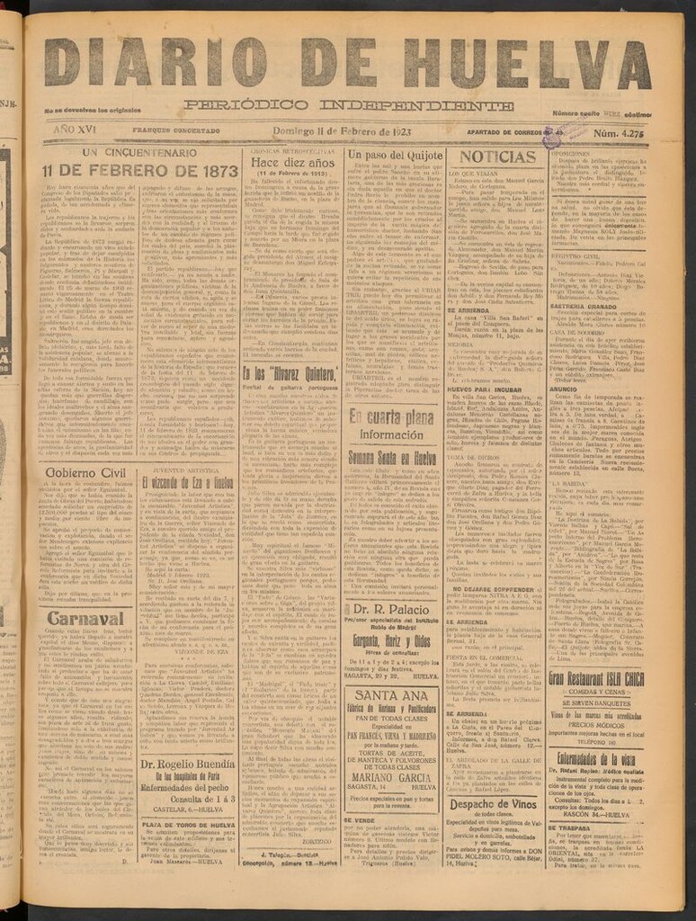 Miniatura de Diario de Huelva : periódico independiente del 11 de febrero de 1923