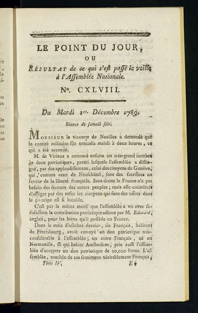 Miniatura de Le Point du Jour : ou Résultat de ce qui s´est passé la veille à l´Assemble Nationale du mardi 1 decembre 1789. Nº 148