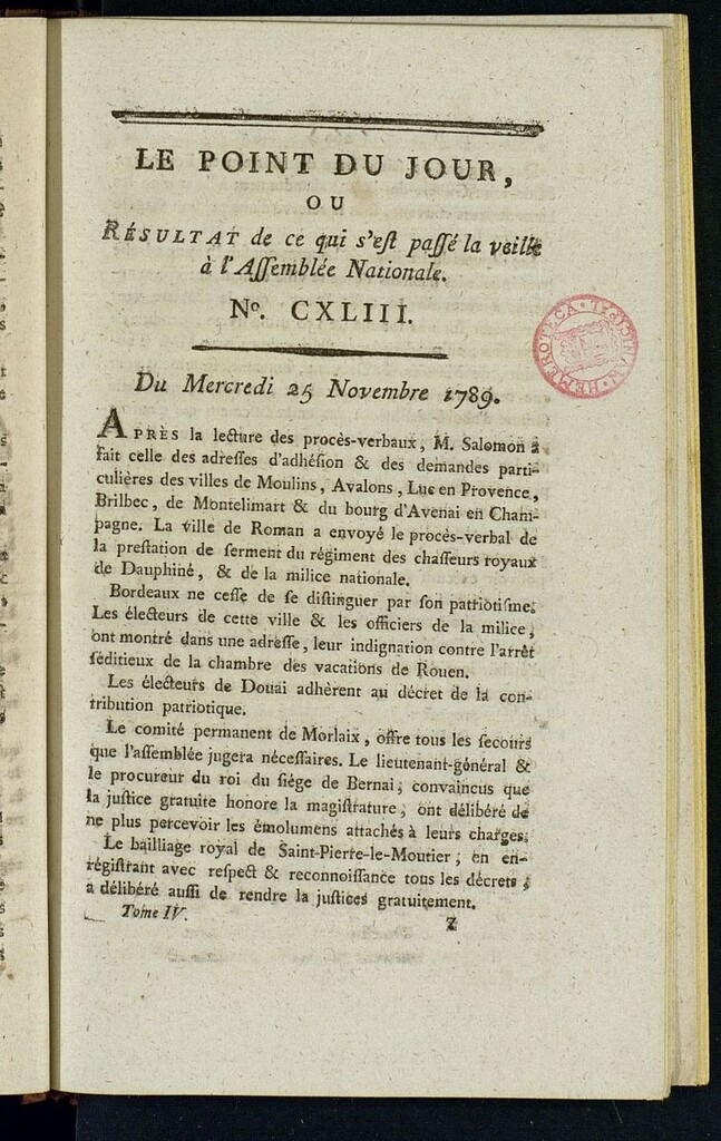 Miniatura de Le Point du Jour : ou Résultat de ce qui s´est passé la veille à l´Assemble Nationale du mercredi 25 novembre 1789. Nº 143