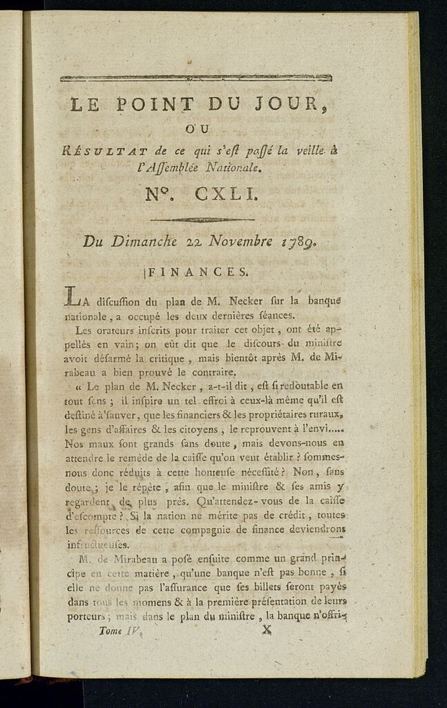 Miniatura de Le Point du Jour : ou Résultat de ce qui s´est passé la veille à l´Assemble Nationale du dimanche 22 novembre  1789. Nº 141