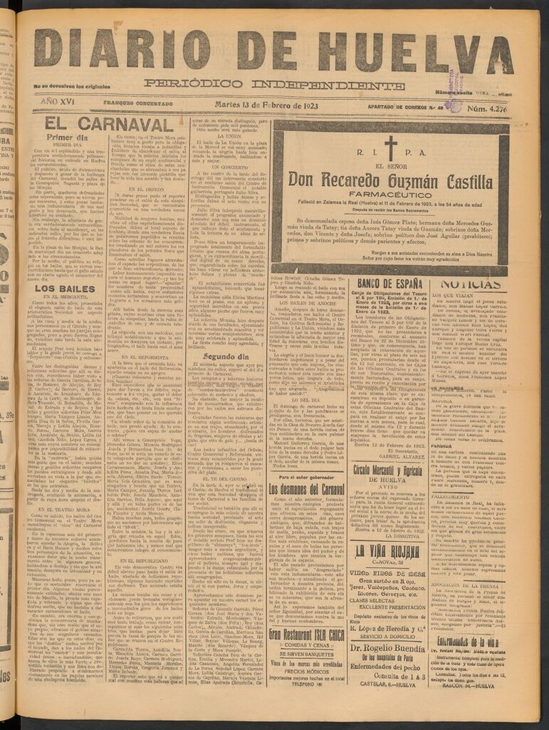 Miniatura de Diario de Huelva : periódico independiente del 13 de febrero de 1923