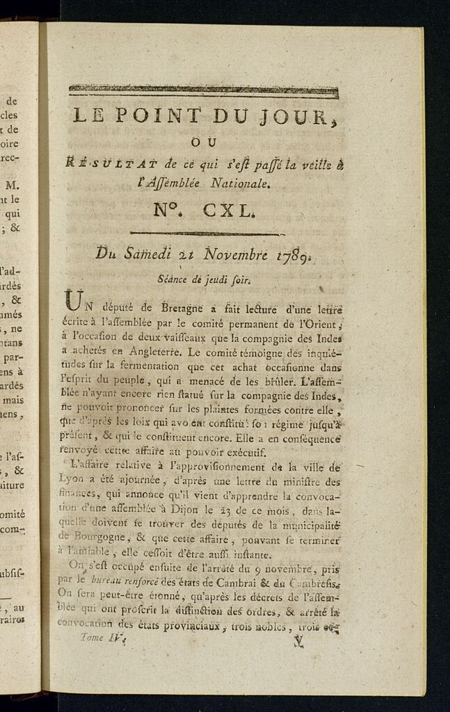 Miniatura de Le Point du Jour : ou Résultat de ce qui s´est passé la veille à l´Assemble Nationale du samedi 21 novembre 1789. Nº 140