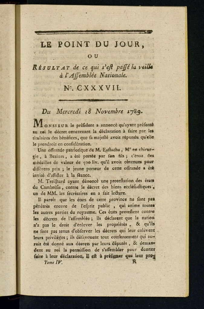 Miniatura de Le Point du Jour : ou Résultat de ce qui s´est passé la veille à l´Assemble Nationale du mercredi 18 november 1789. Nº 137