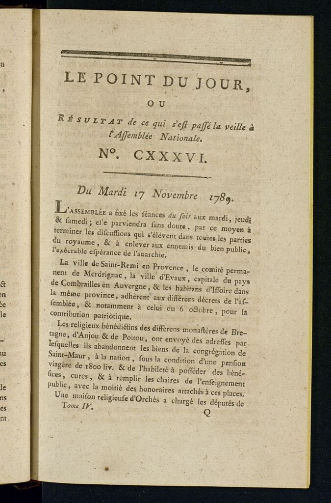 Miniatura de Le Point du Jour : ou Résultat de ce qui s´est passé la veille à l´Assemble Nationale du mardi 17 november 1789. Nº 136
