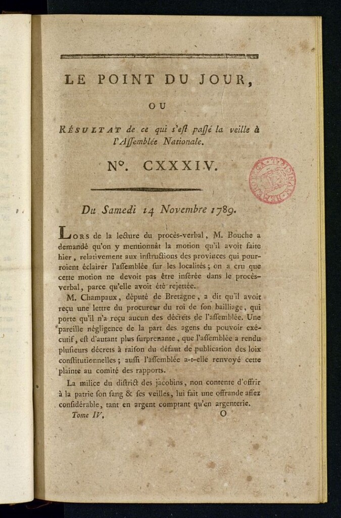 Miniatura de Le Point du Jour : ou Résultat de ce qui s´est passé la veille à l´Assemble Nationale du samedi 14 november 1789. Nº 134