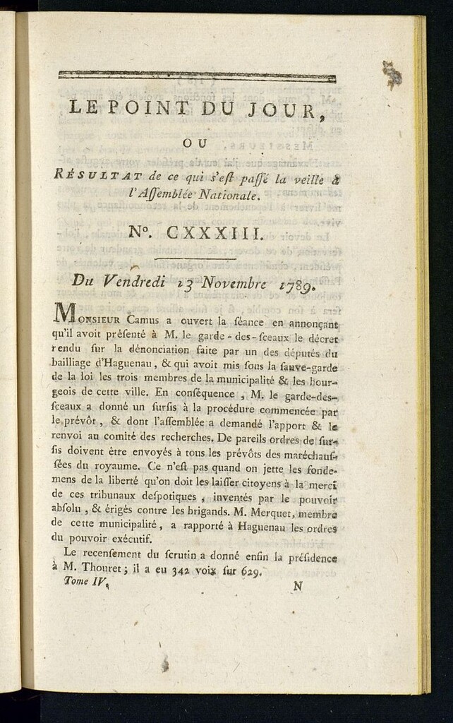 Miniatura de Le Point du Jour : ou Résultat de ce qui s´est passé la veille à l´Assemble Nationale du vendredfi 13 november 1789. Nº 133