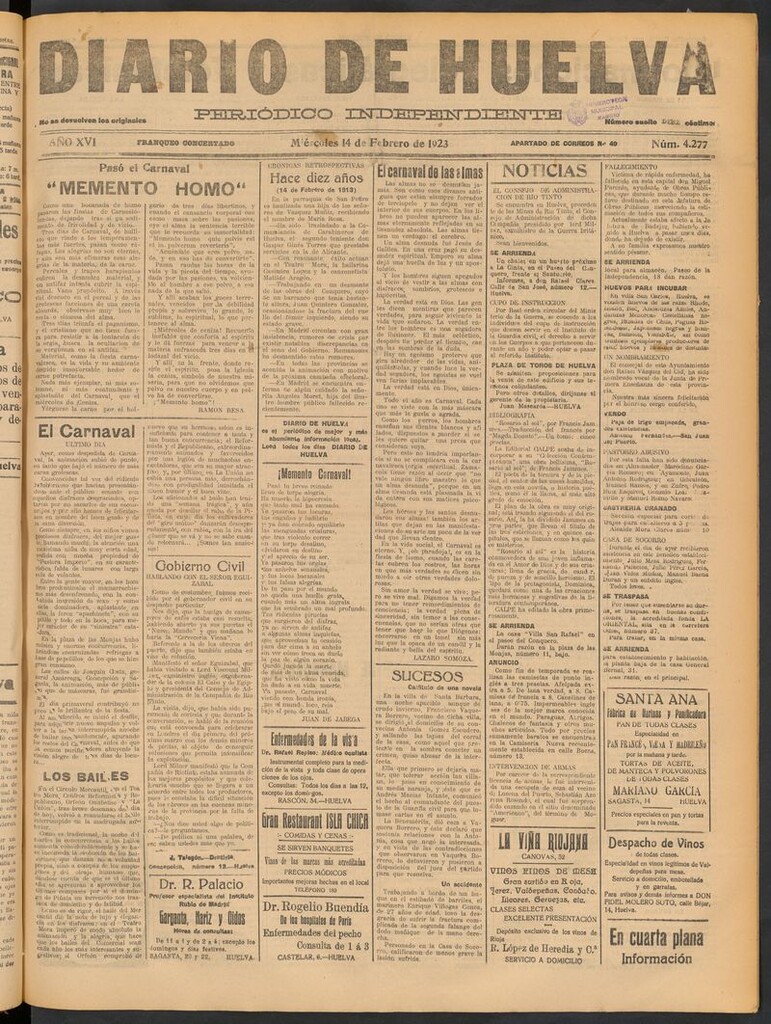 Miniatura de Diario de Huelva : periódico independiente del 14 de febrero de 1923