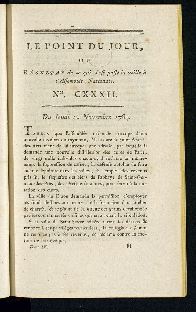 Miniatura de Le Point du Jour : ou Résultat de ce qui s´est passé la veille à l´Assemble Nationale du jeudi 12 november 1789. Nº 132