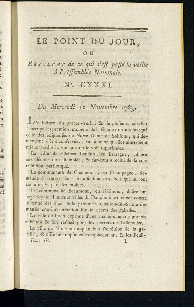 Miniatura de Le Point du Jour : ou Résultat de ce qui s´est passé la veille à l´Assemble Nationale du mercredi 11 november 1789. Nº 131