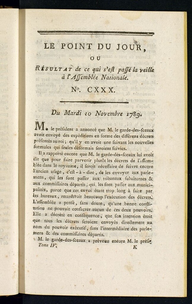 Miniatura de Le Point du Jour : ou Résultat de ce qui s´est passé la veille à l´Assemble Nationale du mardi 10 november 1789. Nº 130