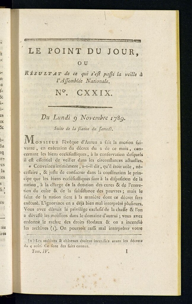 Miniatura de Le Point du Jour : ou Résultat de ce qui s´est passé la veille à l´Assemble Nationale du lundi 9 novembre 1789. Nº 129