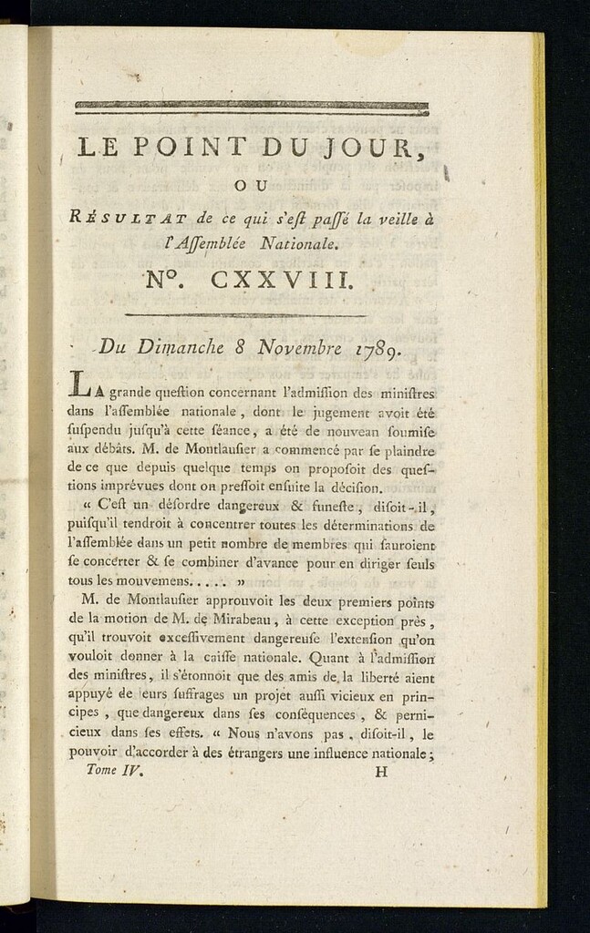 Miniatura de Le Point du Jour : ou Résultat de ce qui s´est passé la veille à l´Assemble Nationale du dimanche 8 novembre 1789. Nº 128