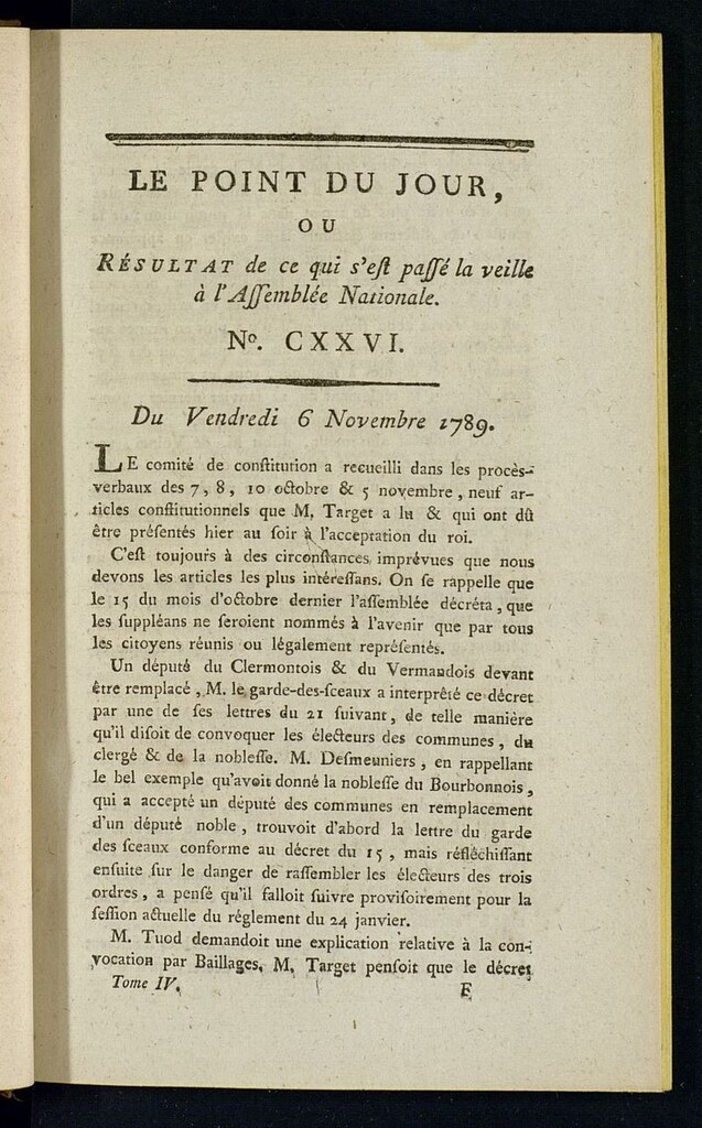 Miniatura de Le Point du Jour : ou Résultat de ce qui s´est passé la veille à l´Assemble Nationale du vendredi 6 novembre 1789. Nº 126