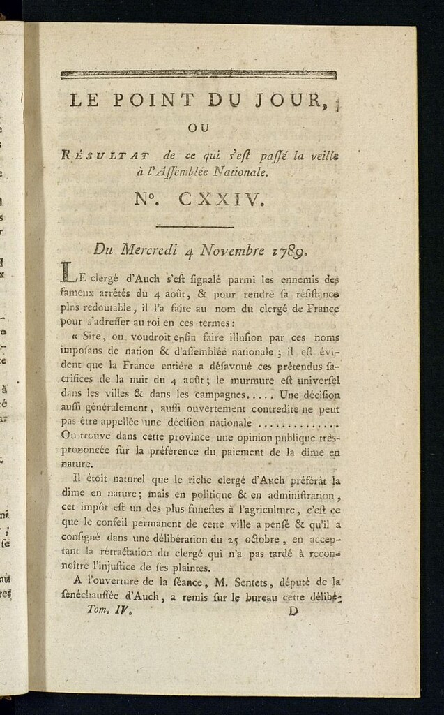 Miniatura de Le Point du Jour : ou Résultat de ce qui s´est passé la veille à l´Assemble Nationale du mercredi 4 novembre 1789. Nº 124