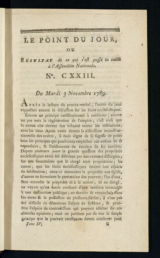 Miniatura de Le Point du Jour : ou Résultat de ce qui s´est passé la veille à l´Assemble Nationale du mardi 3 novembre 1789. Nº 123