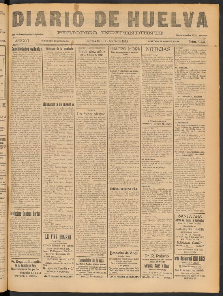 Miniatura de Diario de Huelva : periódico independiente del 15 de febrero de 1923