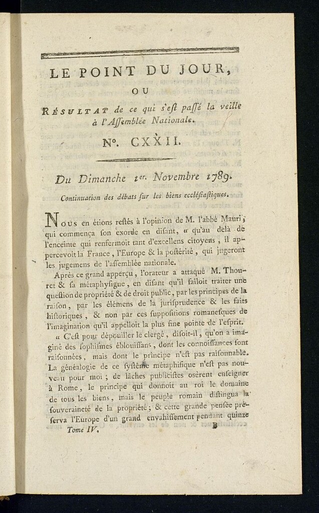 Miniatura de Le Point du Jour : ou Résultat de ce qui s´est passé la veille à l´Assemble Nationale du dimanche 1 novembre 1789. Nº 122