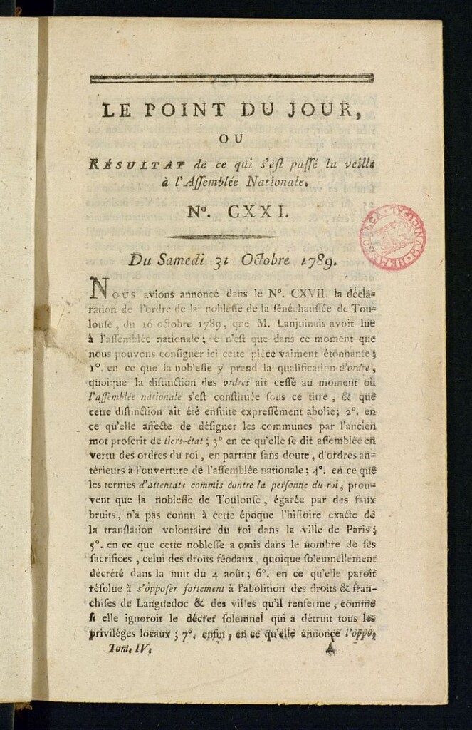 Miniatura de Le Point du Jour : ou Résultat de ce qui s´est passé la veille à l´Assemble Nationale du samedi 31 octobre 1789. Nº 121