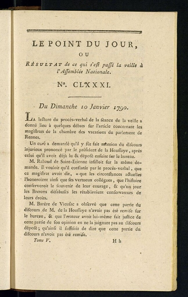 Miniatura de Le Point du Jour : ou Résultat de ce qui s´est passé la veille à l´Assemble Nationale du dimanche 10 janvier 1790. Nº 181
