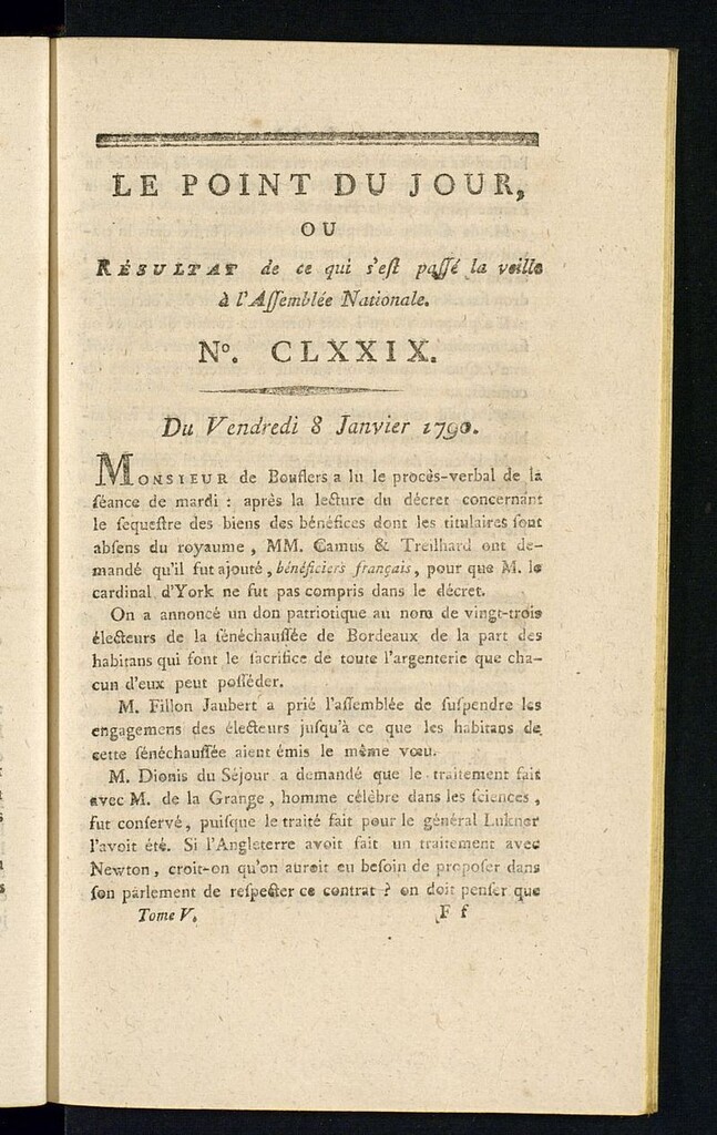 Miniatura de Le Point du Jour : ou Résultat de ce qui s´est passé la veille à l´Assemble Nationale du vendredi 8 janvier 1790. Nº 179