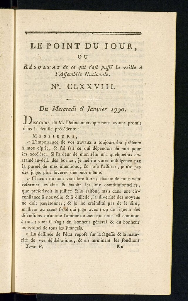 Miniatura de Le Point du Jour : ou Résultat de ce qui s´est passé la veille à l´Assemble Nationale du mercredi 6 janvier 1790. Nº 178