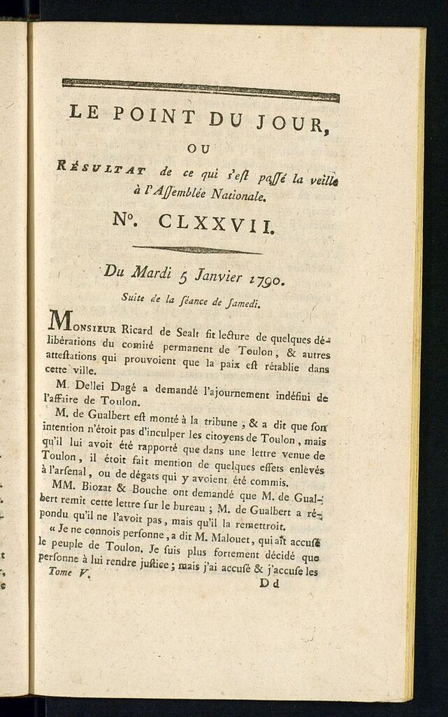 Miniatura de Le Point du Jour : ou Résultat de ce qui s´est passé la veille à l´Assemble Nationale du mardi 5 janvier 1790. Nº 177