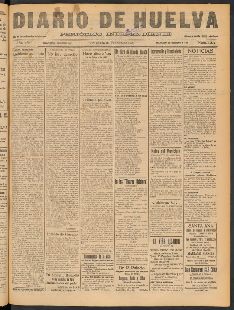 Miniatura de Diario de Huelva : periódico independiente del 16 de febrero de 1923