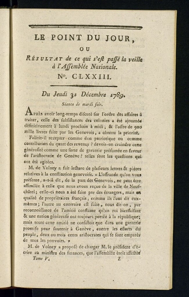 Miniatura de Le Point du Jour : ou Résultat de ce qui s´est passé la veille à l´Assemble Nationale du jeudi 31 decembre 1789. Nº 173