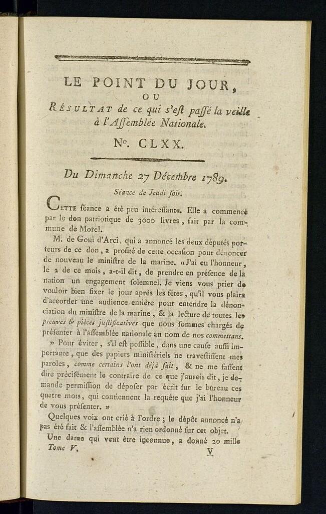 Miniatura de Le Point du Jour : ou Résultat de ce qui s´est passé la veille à l´Assemble Nationale du dimanche 27 decembre 1789. Nº 170