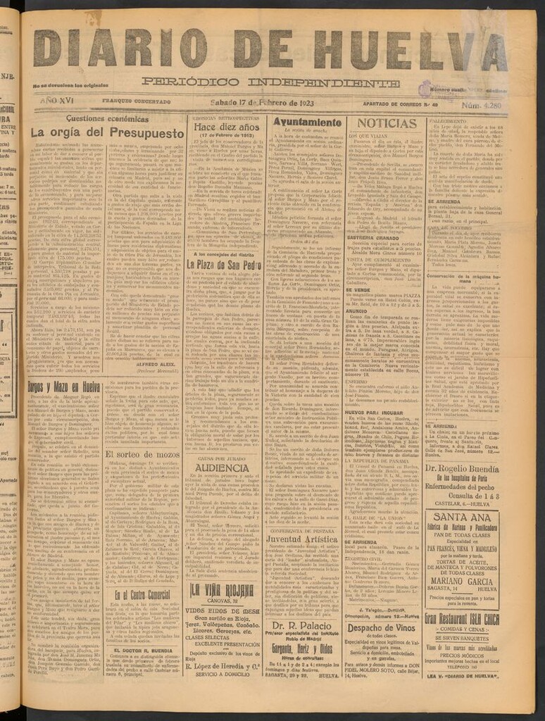 Miniatura de Diario de Huelva : periódico independiente del 17 de febrero de 1923