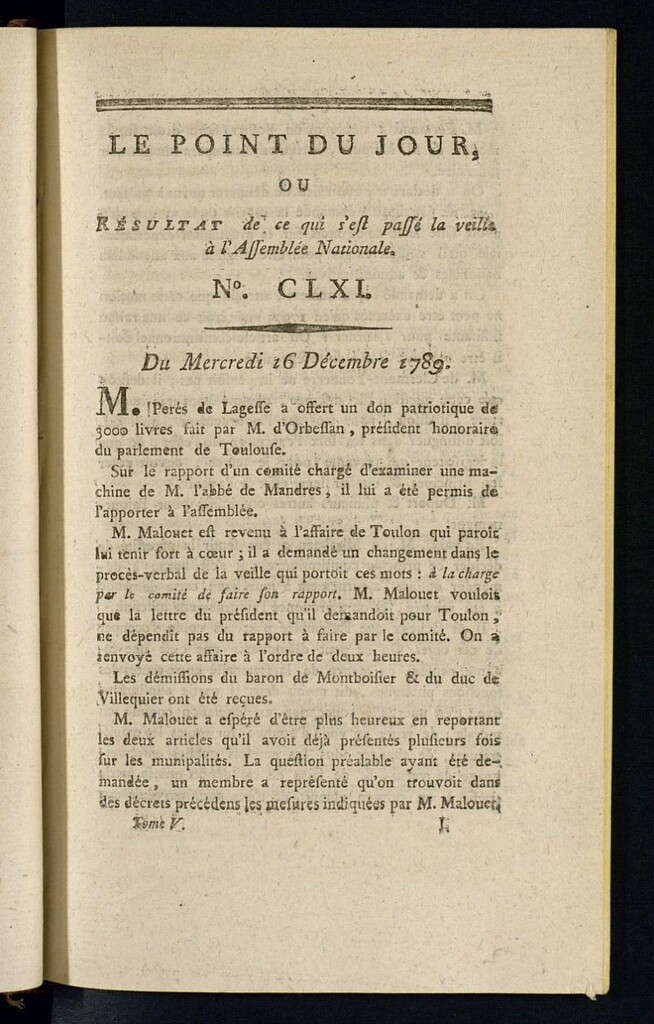 Miniatura de Le Point du Jour : ou Résultat de ce qui s´est passé la veille à l´Assemble Nationale du mercredi 16 decembre 1789. Nº 161