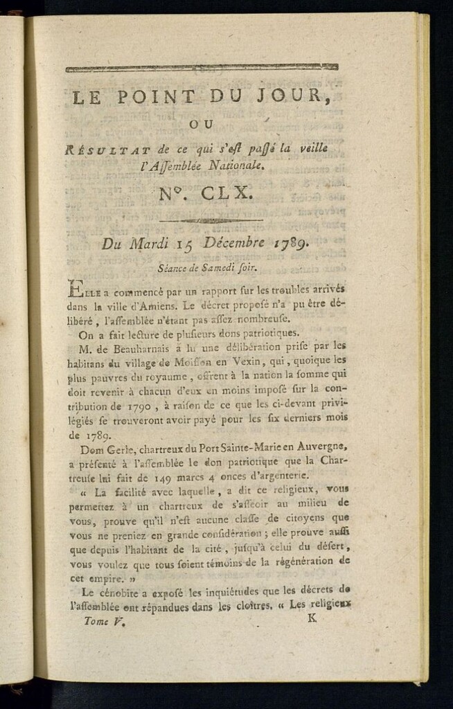 Miniatura de Le Point du Jour : ou Résultat de ce qui s´est passé la veille à l´Assemble Nationale du mardi 15 decembre 1789. Nº 160
