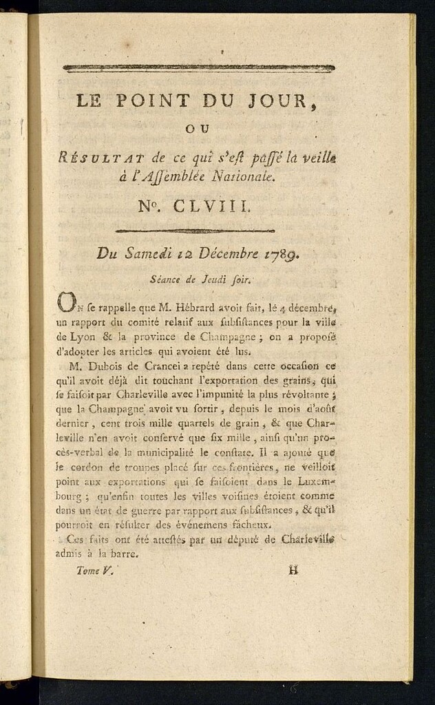 Miniatura de Le Point du Jour : ou Résultat de ce qui s´est passé la veille à l´Assemble Nationale du samedi 12 decembre 1789. Nº 158