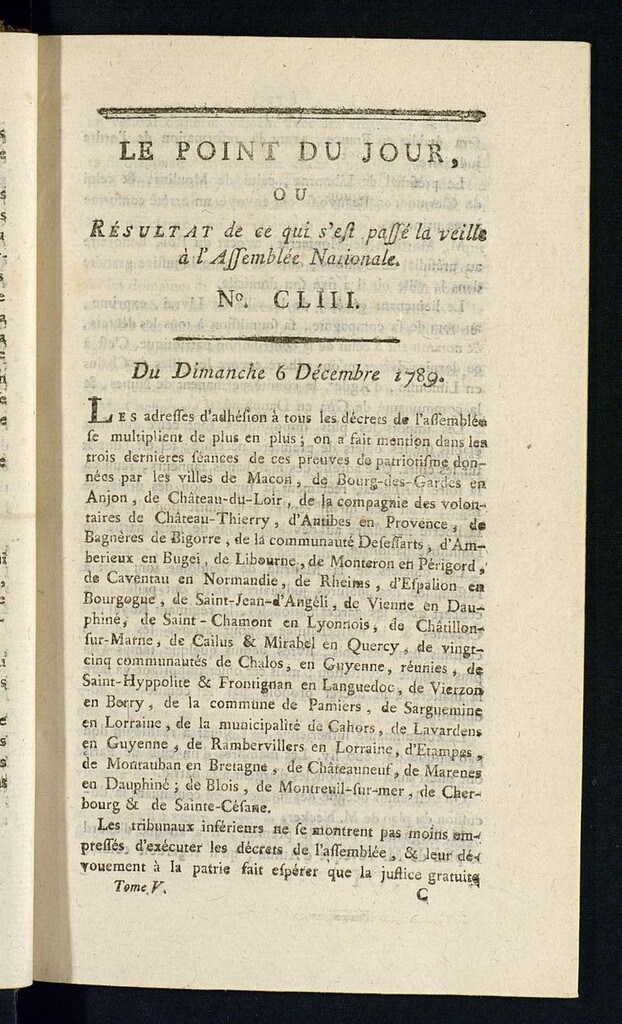 Miniatura de Le Point du Jour : ou Résultat de ce qui s´est passé la veille à l´Assemble Nationale du dimanche 6 decembre 1789. Nº 153