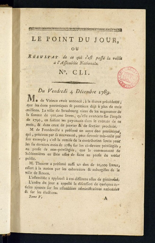 Miniatura de Le Point du Jour : ou Résultat de ce qui s´est passé la veille à l´Assemble Nationale du vendredi 4 decembre 1789. Nº 151